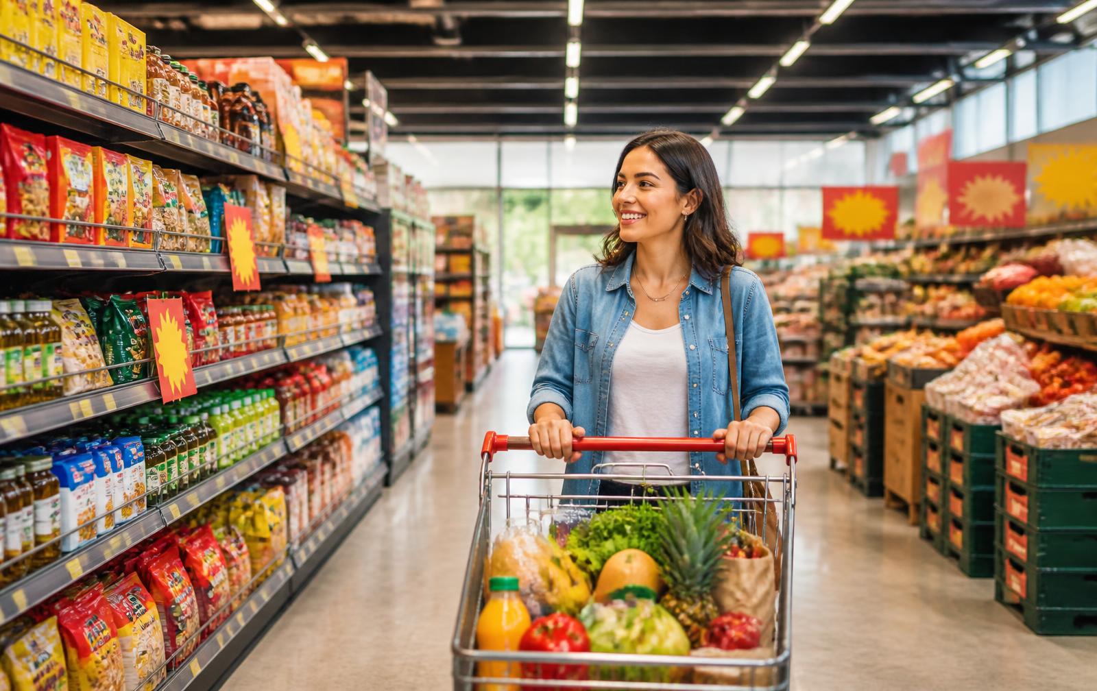 Shopper filling a cart with discounted groceries at Saveco Food Outlet